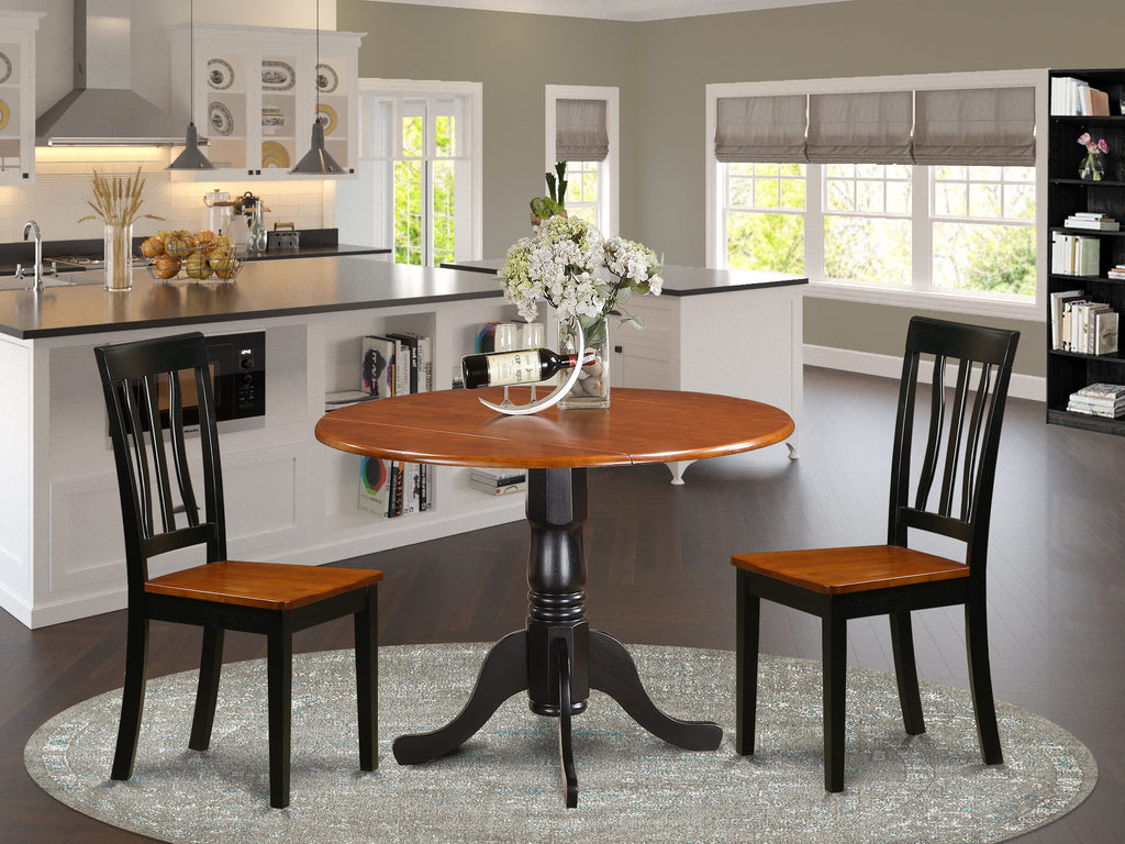 DLAN3-P7Q-9 Small Space 3-Piece Dining Group with Round Drop Leaf Table and Two Chairs, Black & Cherry Finish, 42-Inch