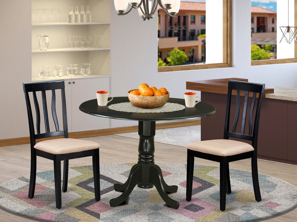 DLAN3-V58-4 3-Piece Black Dropleaf Dining Set with Upholstered Chairs for Compact Areas