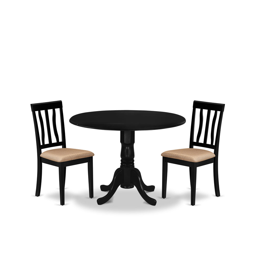DLAN3-V58-4 3-Piece Black Dropleaf Dining Set with Upholstered Chairs for Compact Areas