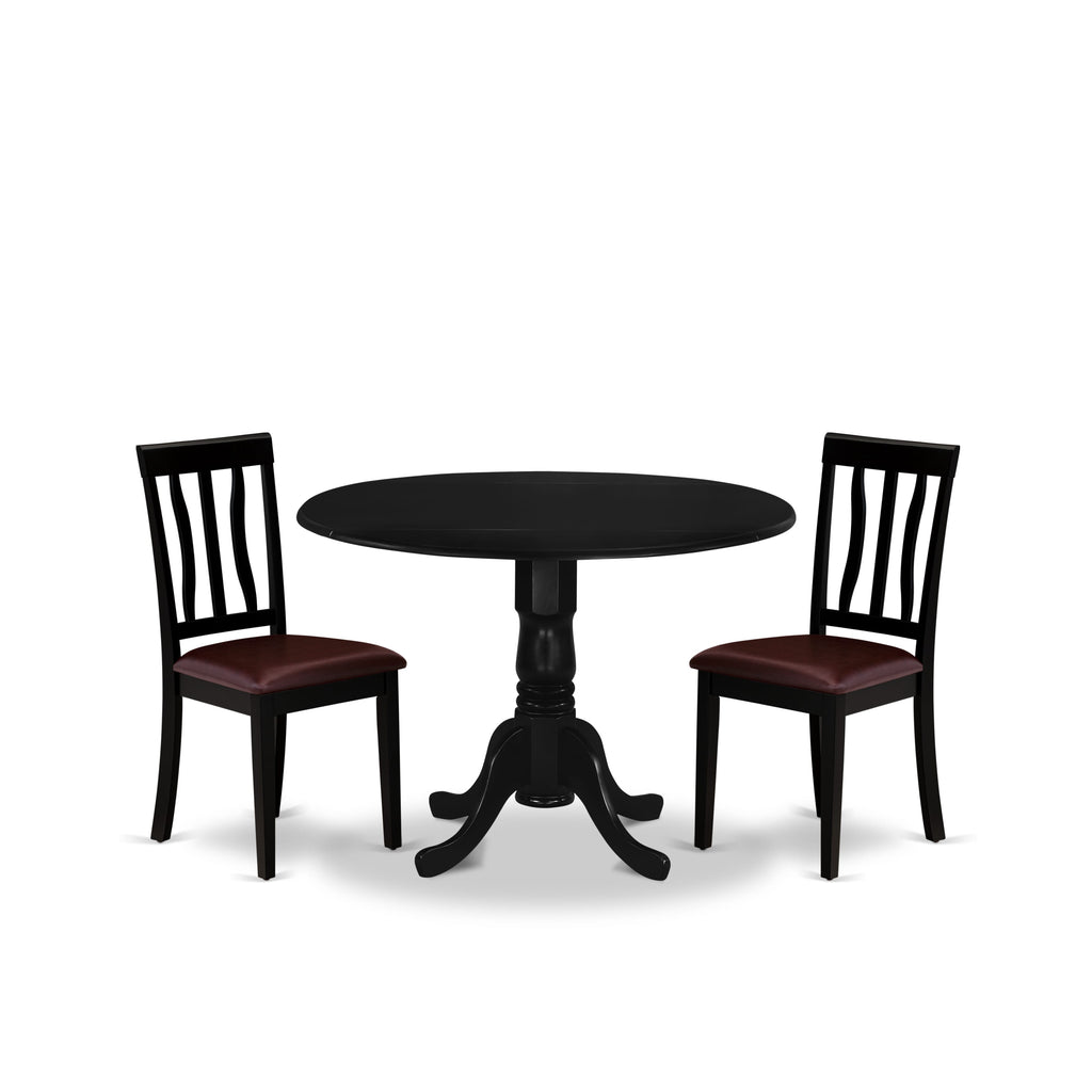 DLAN3-301-P6 3-Piece Dinette Collection for Compact Spaces - Includes Round Table with Drop Leaf and 2 Faux Leather Dining Chairs, 42x42 in, Elegant Black Finish