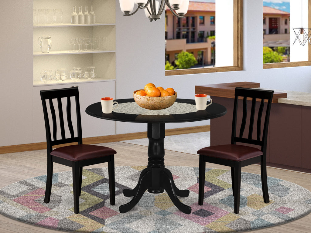 DLAN3-301-P6 3-Piece Dinette Collection for Compact Spaces - Includes Round Table with Drop Leaf and 2 Faux Leather Dining Chairs, 42x42 in, Elegant Black Finish