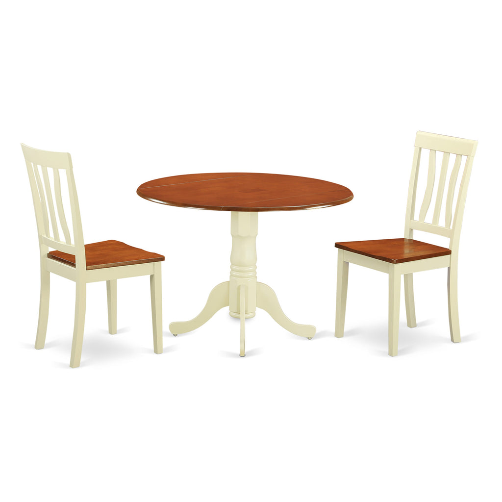 DLAN3-0AF-D Compact 3 Piece Dropleaf Dining Set with 2 Chairs, Round 42 Table, Buttermilk & Cherry Finish