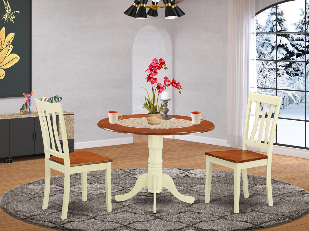 DLAN3-0AF-D Compact 3 Piece Dropleaf Dining Set with 2 Chairs, Round 42 Table, Buttermilk & Cherry Finish