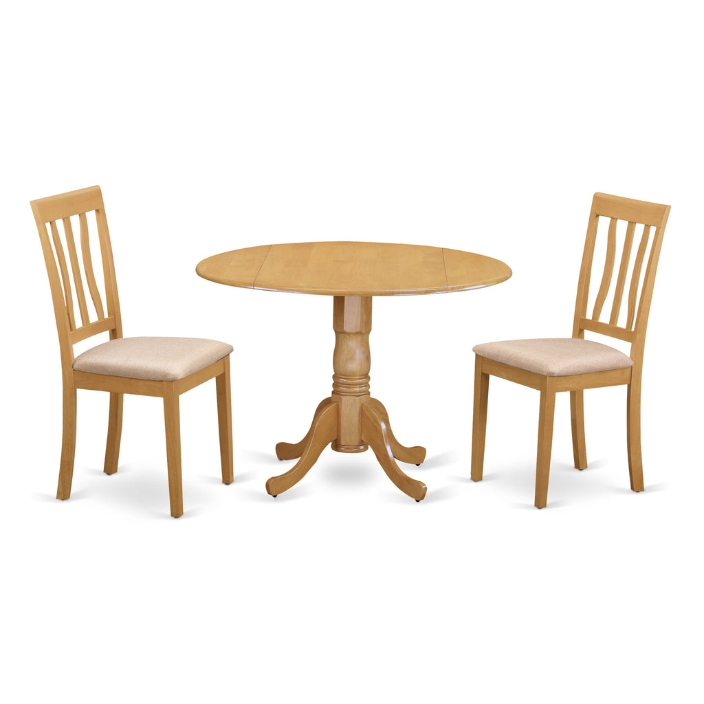 DLAN3-N5R-G 3 Piece Oak Dining Set with Round Table, Dropleaf, and 2 Upholstered Linen Chairs, 42x42 Inches