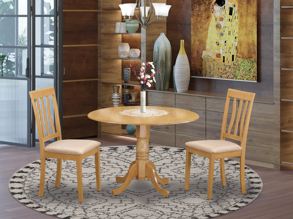 DLAN3-N5R-G 3 Piece Oak Dining Set with Round Table, Dropleaf, and 2 Upholstered Linen Chairs, 42x42 Inches