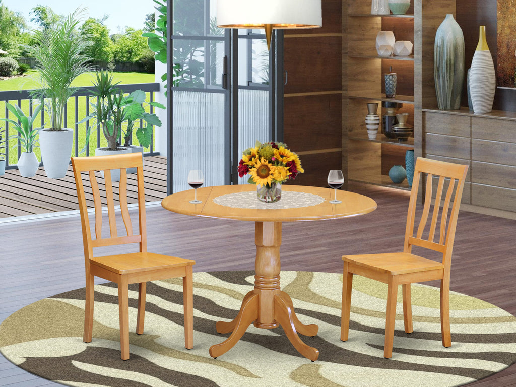 DLAN3-ER0-4 Essential Dining Set with Round Dropleaf Table & 2 Chairs for Small Areas, Oak Finish