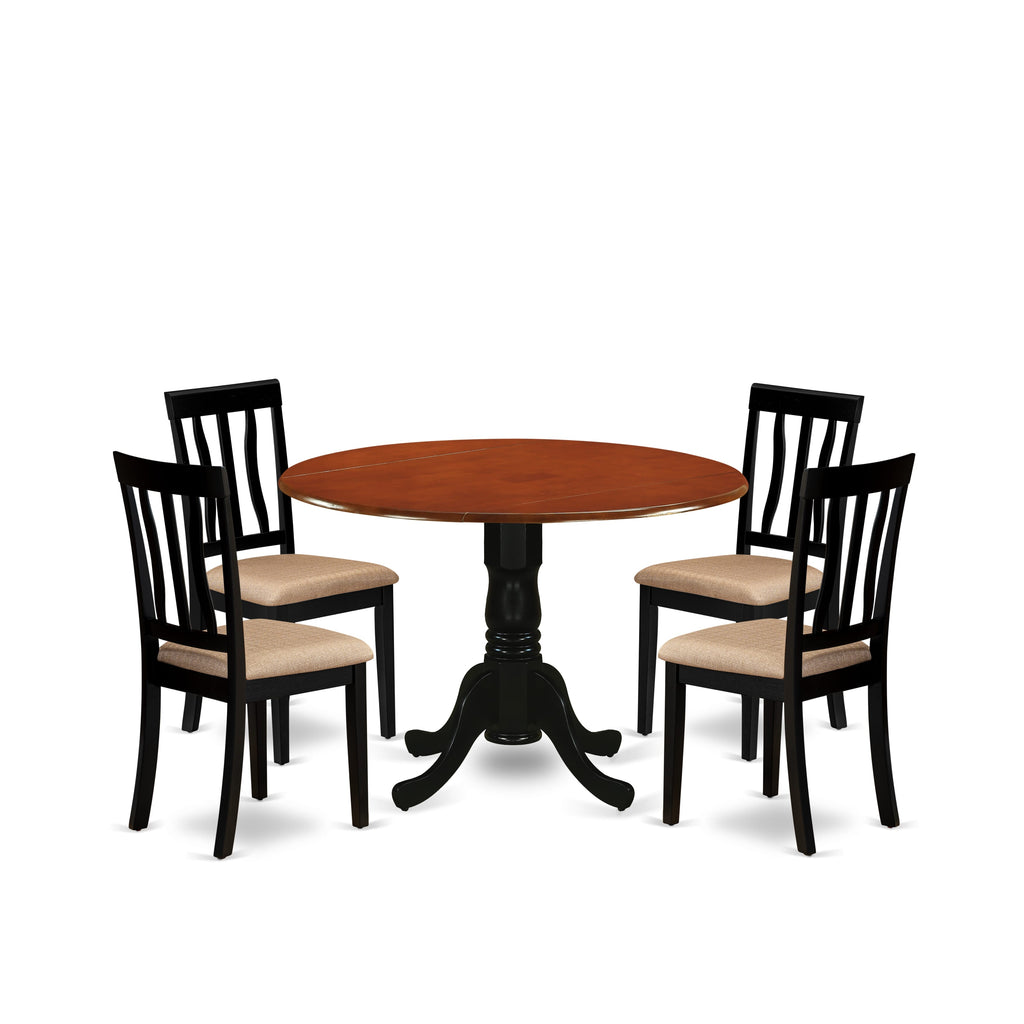 DLAN5-A57-M 5-Piece Round Table Set with Dropleaf and Four Linen Chairs for Cozy Dining Experience, Black & Cherry, 42x42