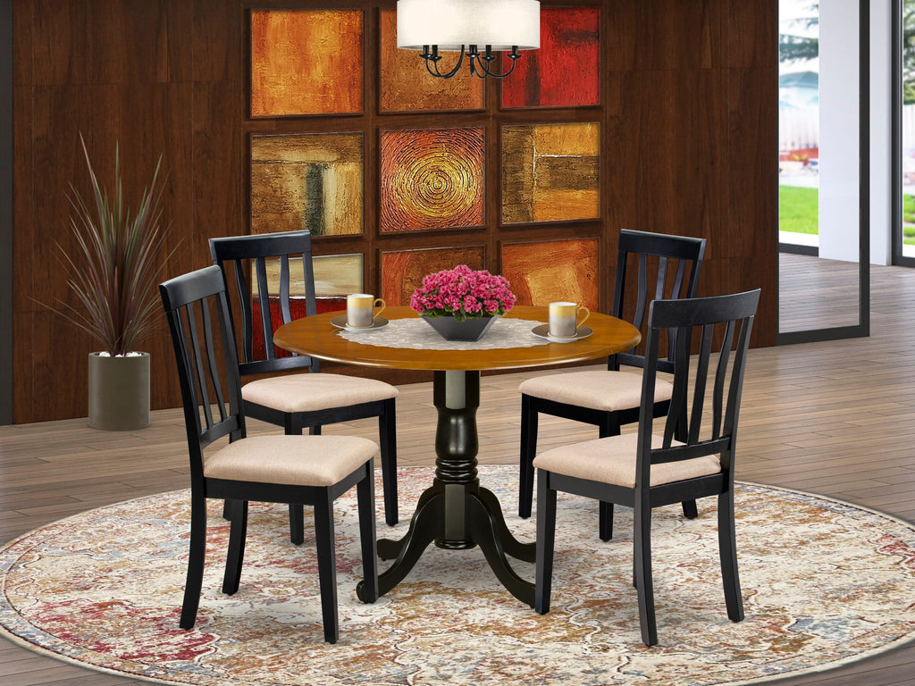 DLAN5-A57-M 5-Piece Round Table Set with Dropleaf and Four Linen Chairs for Cozy Dining Experience, Black & Cherry, 42x42