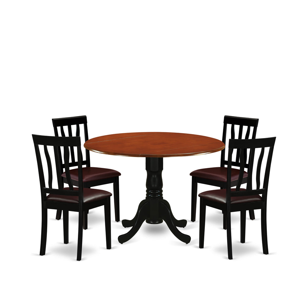 DLAN5-OM6-6O 5-Piece Dining Set with Round Drop-leaf Table and Faux Leather Chairs, Black Cherry