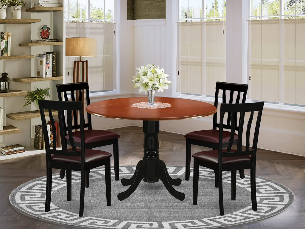 DLAN5-OM6-6O 5-Piece Dining Set with Round Drop-leaf Table and Faux Leather Chairs, Black Cherry