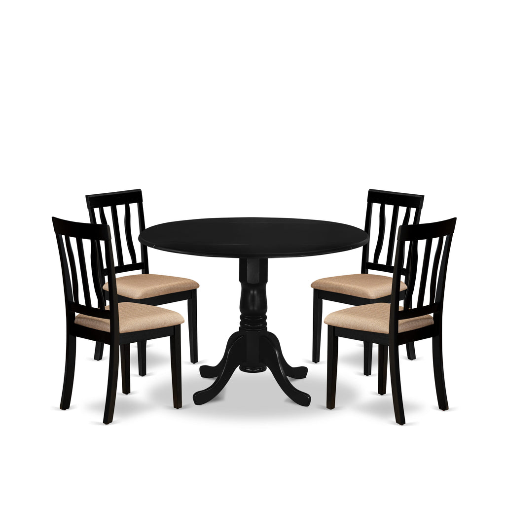 DLAN5-DZ4-X Dropleaf Round Table Set with 4 Linen Upholstered Chairs, Black, 5 Pieces, 42x42 Inches