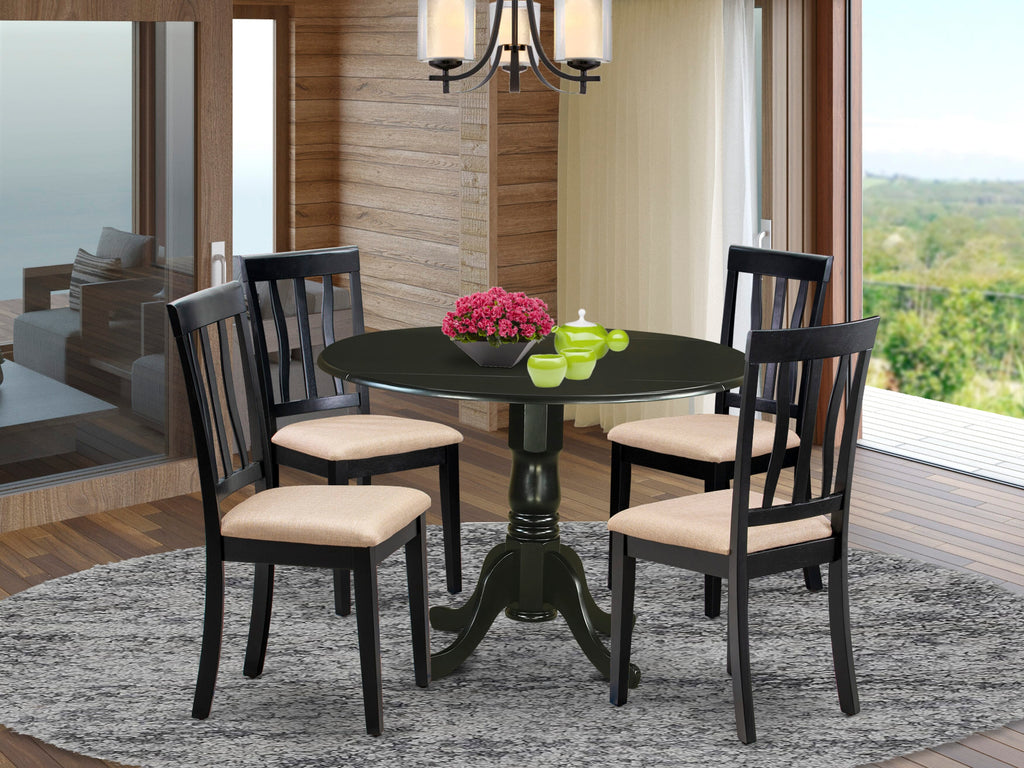 DLAN5-DZ4-X Dropleaf Round Table Set with 4 Linen Upholstered Chairs, Black, 5 Pieces, 42x42 Inches