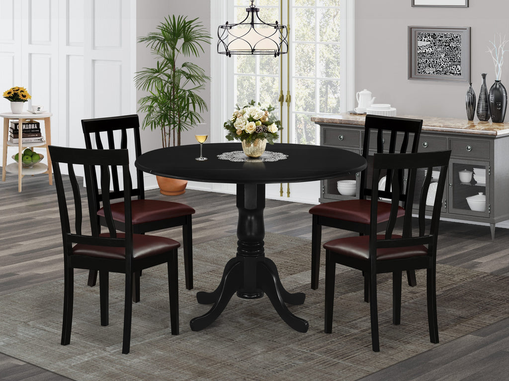 DLAN5-UNH-93 5 Piece Kitchen Ensemble with Round Leaf Table and 4 Leather-look Dining Chairs, 42x42