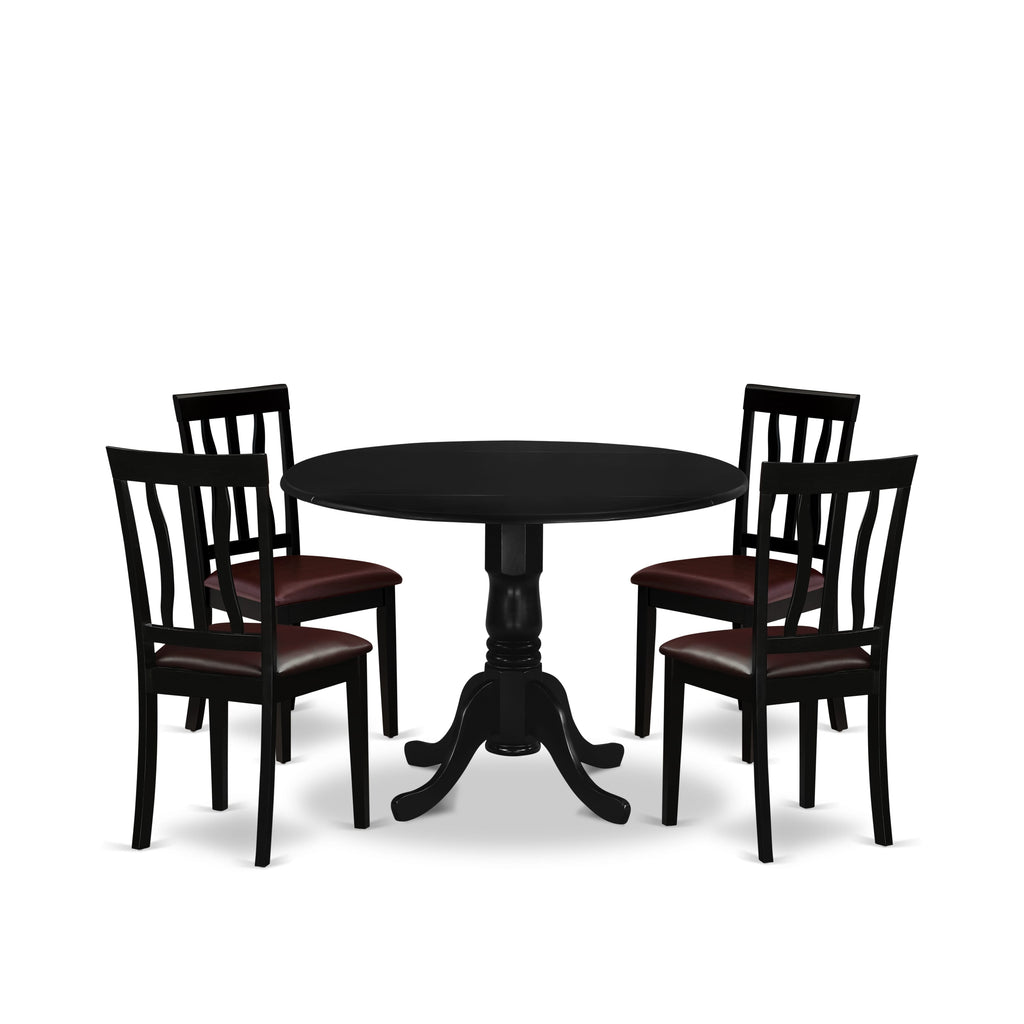DLAN5-UNH-93 5 Piece Kitchen Ensemble with Round Leaf Table and 4 Leather-look Dining Chairs, 42x42