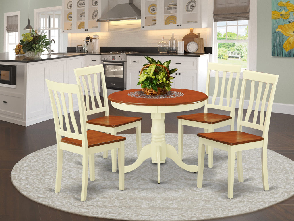 DLAN5-Q4W-V 5-Piece Dining Set with Round Dropleaf Table and 4 Wood Chairs in Buttermilk & Cherry Finish, 42x42 Inches