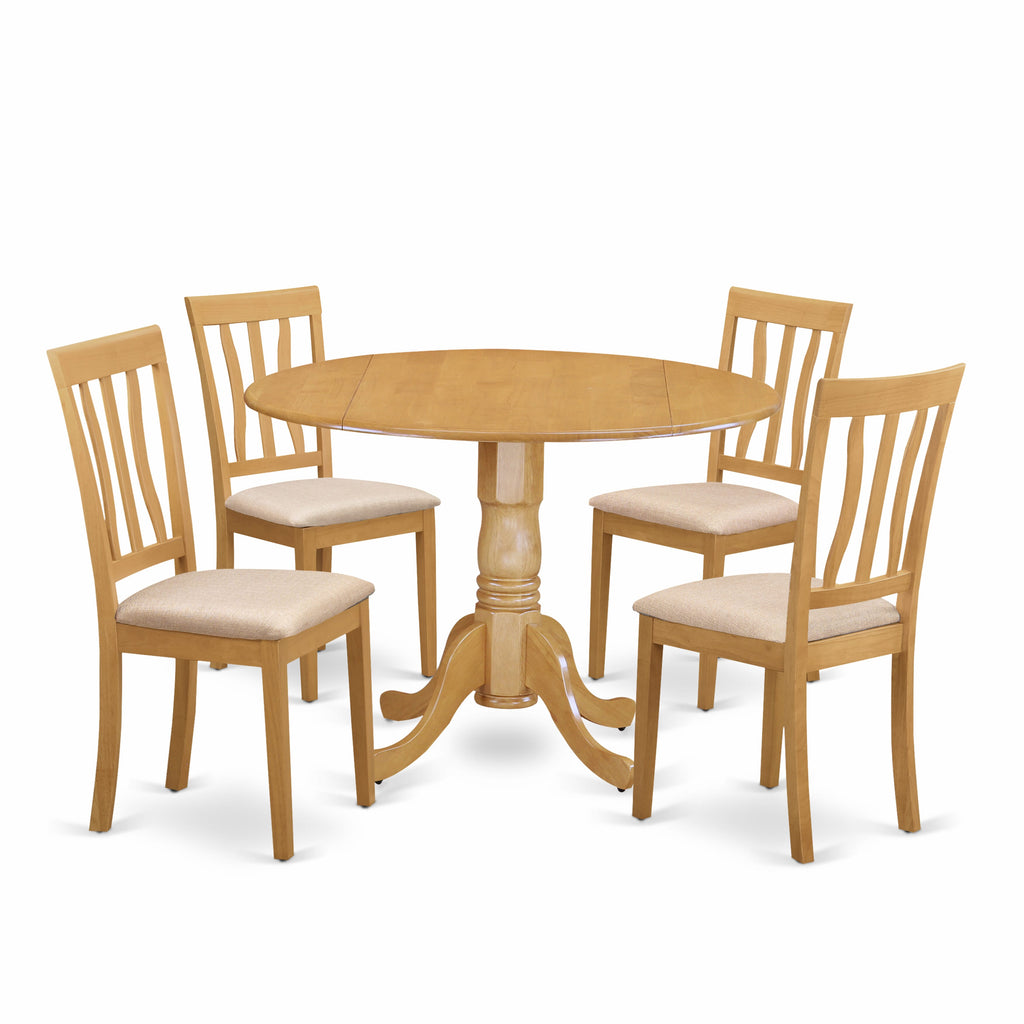 DLAN5-QYX-K Elegant Dining Set 5-Piece Round Table with Dropleaf and Linen Chairs, 42x42 Oak Design
