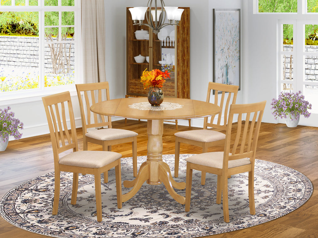 DLAN5-QYX-K Elegant Dining Set 5-Piece Round Table with Dropleaf and Linen Chairs, 42x42 Oak Design