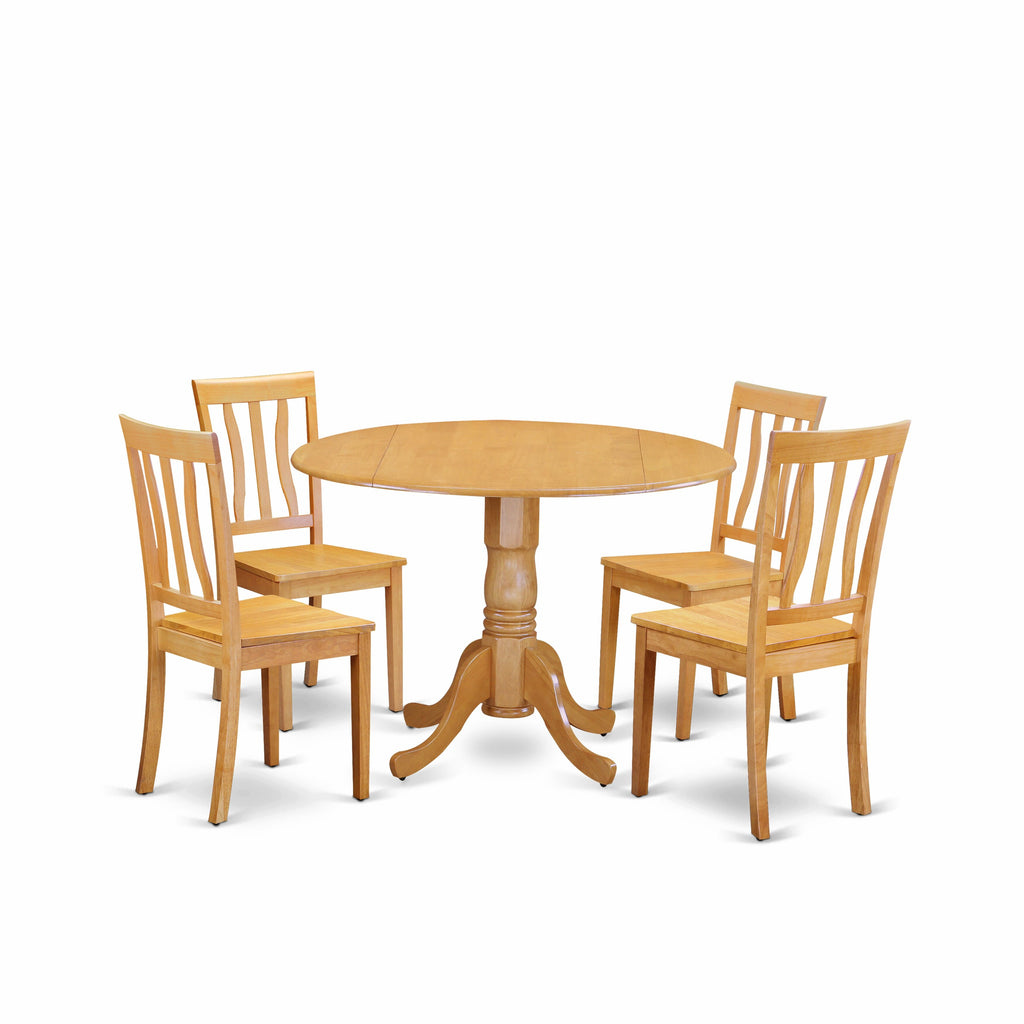 5-Piece Round Dropleaf Table and Chair Set for 4 -  DLAN5-AAS-3, 42-inch Oak Wood