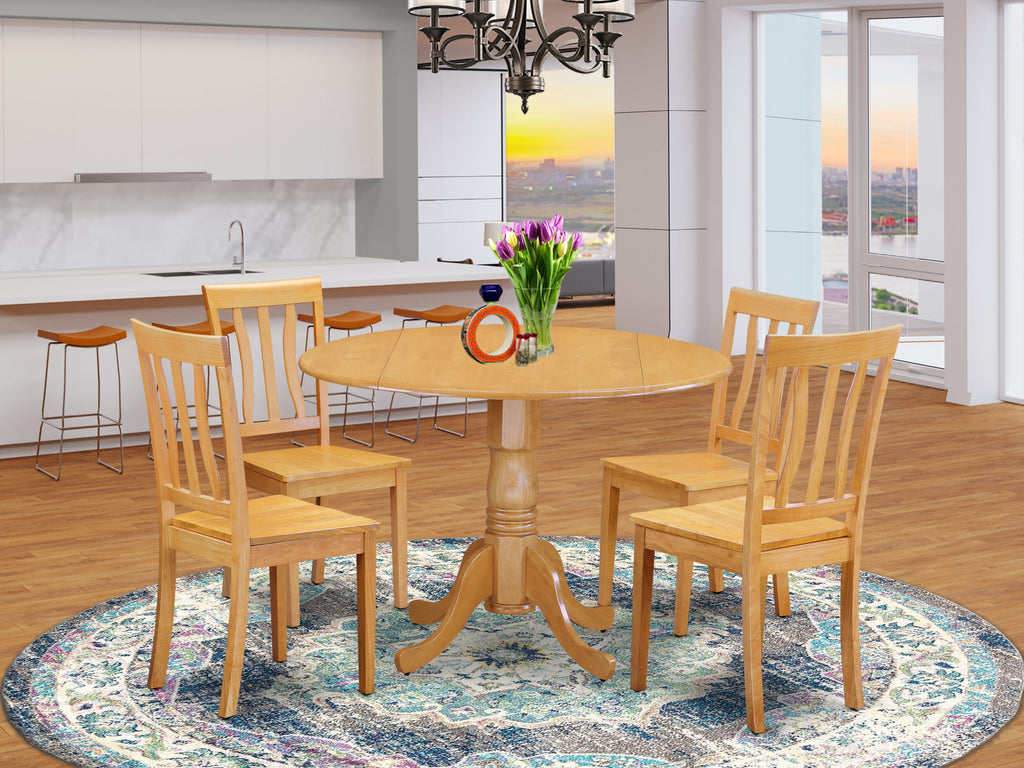 5-Piece Round Dropleaf Table and Chair Set for 4 -  DLAN5-AAS-3, 42-inch Oak Wood