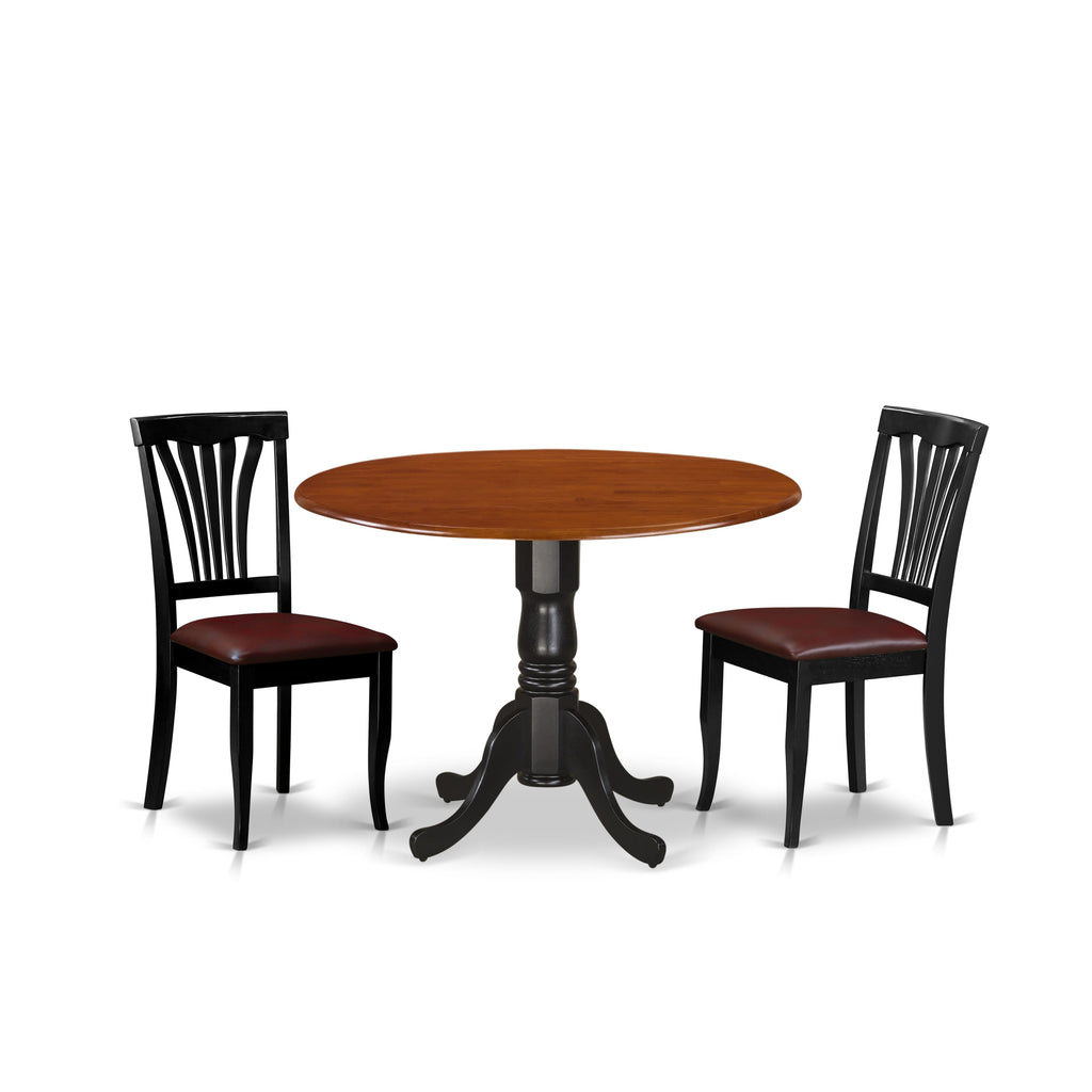 DLAV3-N1U-I6 Stylish 3-Piece Dining Ensemble with Round Drop Leaf Table and Two PU Leather Chairs, Black & Cherry, 42 Inches