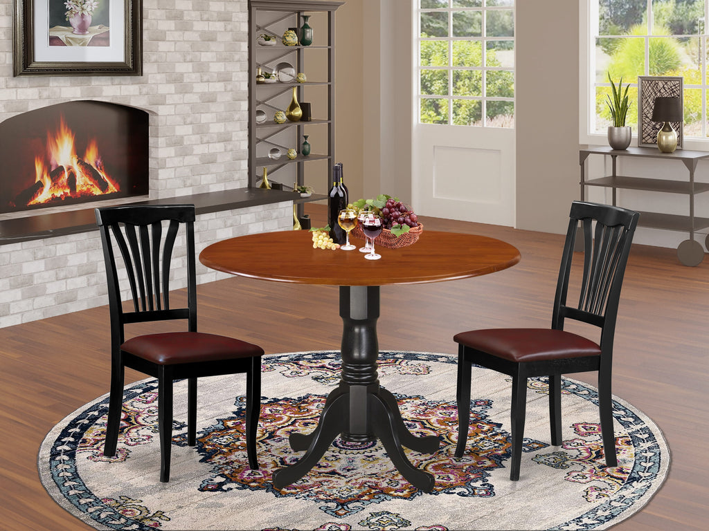 DLAV3-N1U-I6 Stylish 3-Piece Dining Ensemble with Round Drop Leaf Table and Two PU Leather Chairs, Black & Cherry, 42 Inches