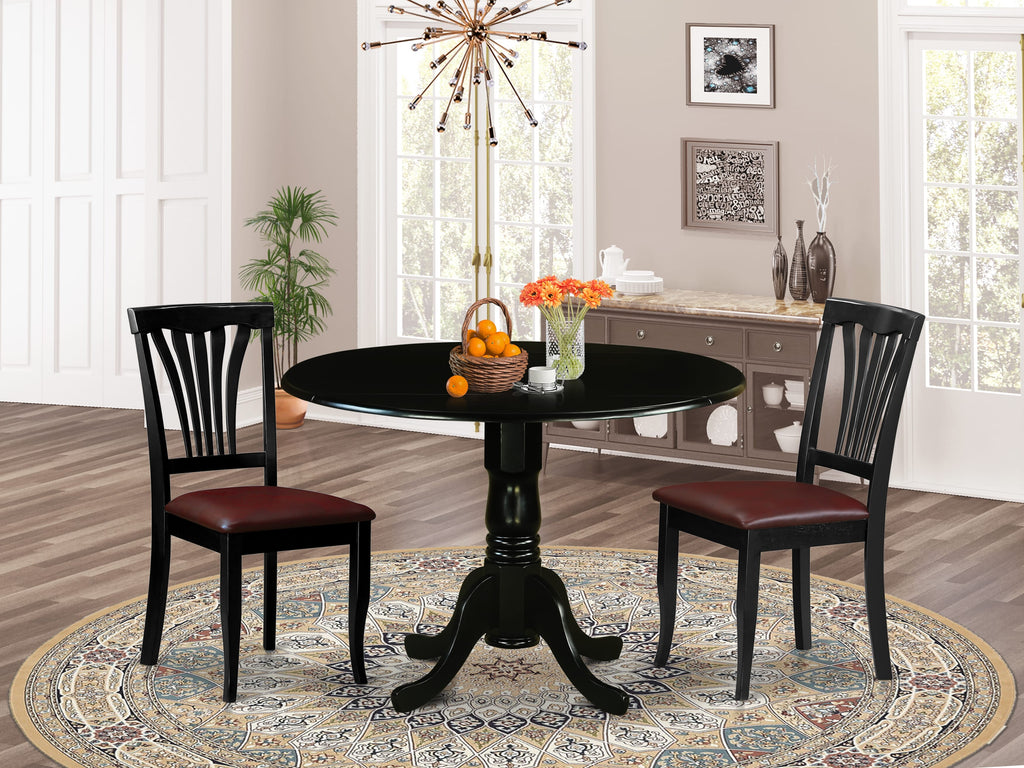 DLAV3-7EU-5X  Elegant 3-Piece Dining Ensemble with Round Drop-Leaf Table & Soft Upholstered Chairs, 42 Black Finish