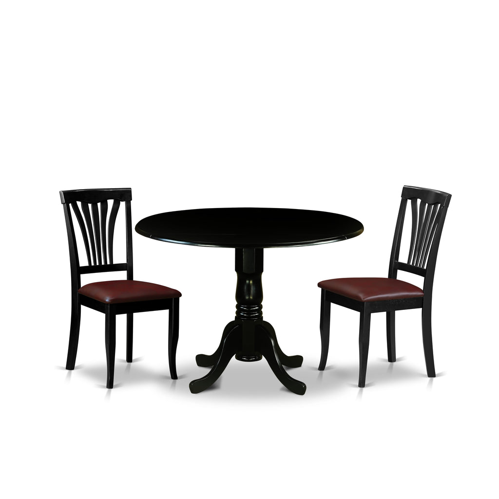 DLAV3-7EU-5X  Elegant 3-Piece Dining Ensemble with Round Drop-Leaf Table & Soft Upholstered Chairs, 42 Black Finish
