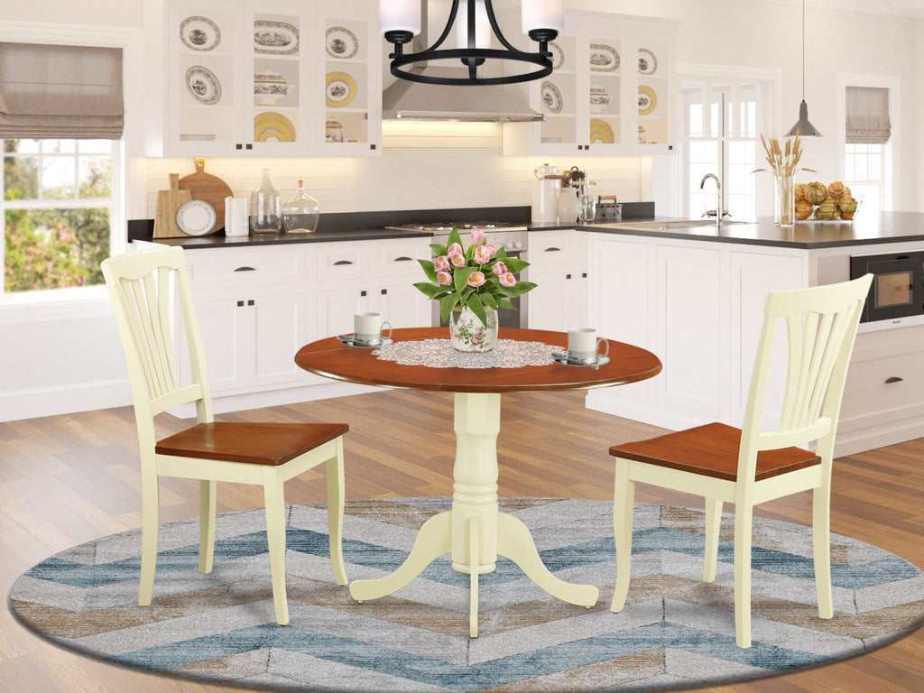 DLAV3-N53-P Compact 3-Piece Round Dining Set for Small Areas with Dropleaf Design and Two Wooden Chairs in Buttermilk and Cherry Finish