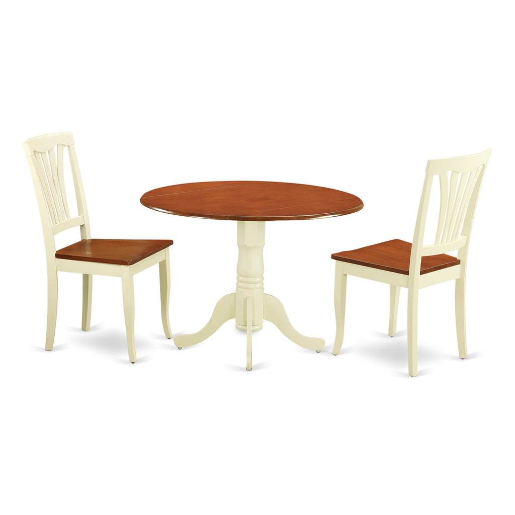 DLAV3-N53-P Compact 3-Piece Round Dining Set for Small Areas with Dropleaf Design and Two Wooden Chairs in Buttermilk and Cherry Finish