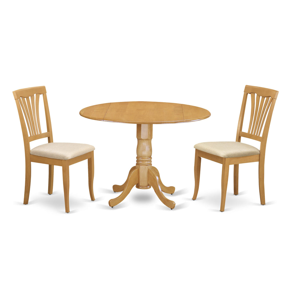 DLAV3-GS2-L 3-Piece Dining Ensemble with Round Table and Dropleaves, Includes 2 Fabric Seats, Oak Finish
