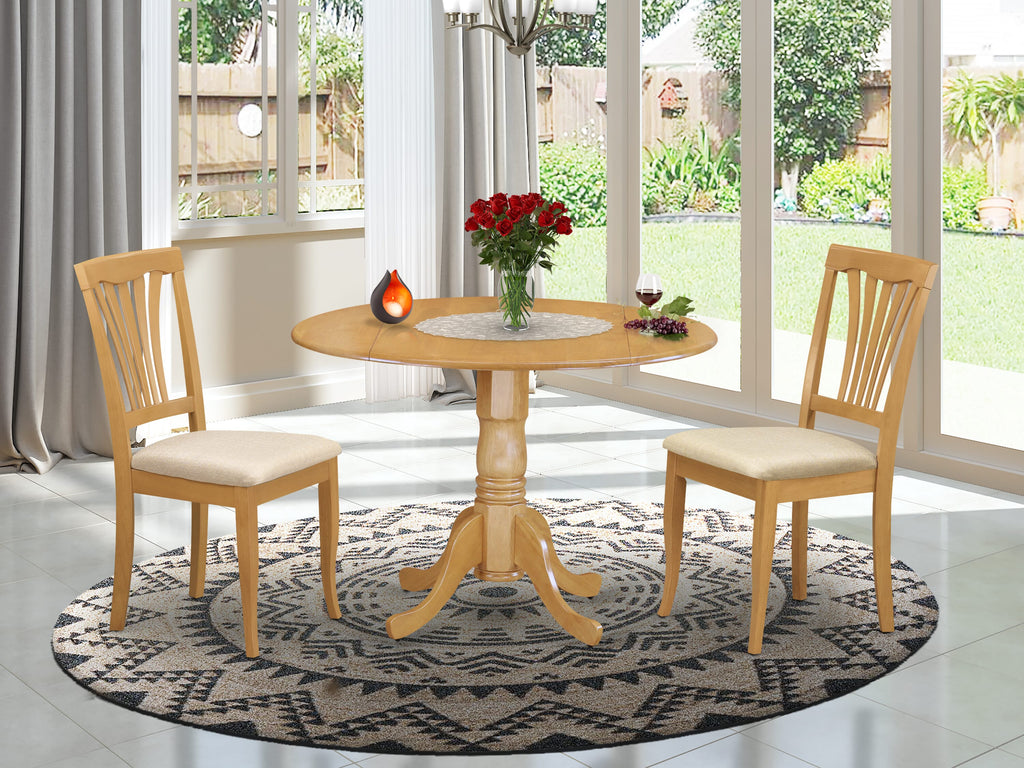 DLAV3-GS2-L 3-Piece Dining Ensemble with Round Table and Dropleaves, Includes 2 Fabric Seats, Oak Finish