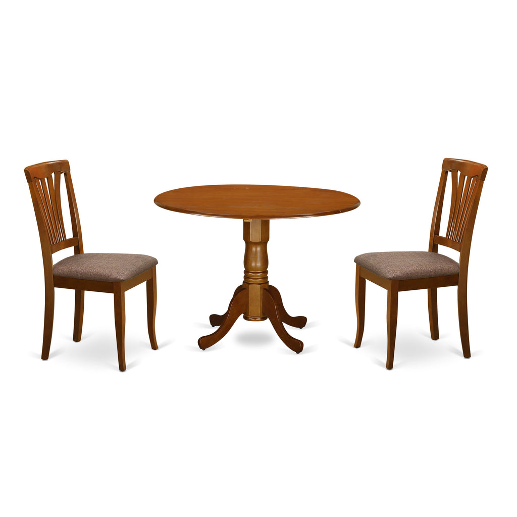 DLAV3-GY8-B Compact 3-Piece Dining Set with Round Drop-Leaf Table & Upholstered Chairs in Saddle Brown, Ideal for Cozy Spaces
