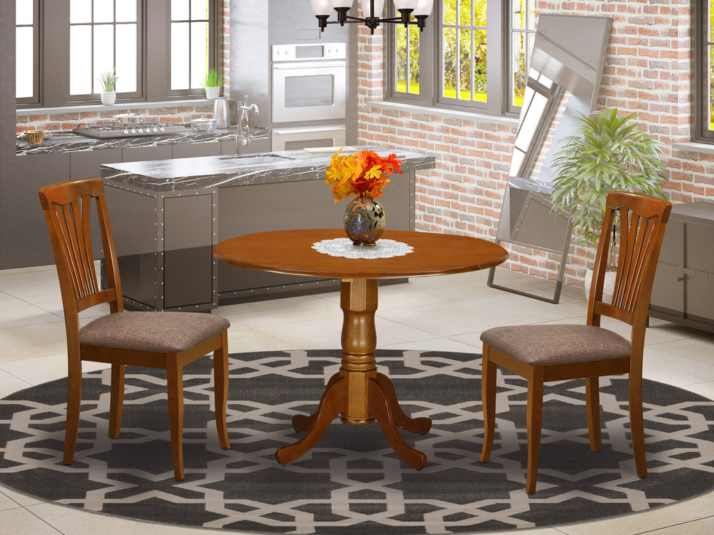 DLAV3-GY8-B Compact 3-Piece Dining Set with Round Drop-Leaf Table & Upholstered Chairs in Saddle Brown, Ideal for Cozy Spaces