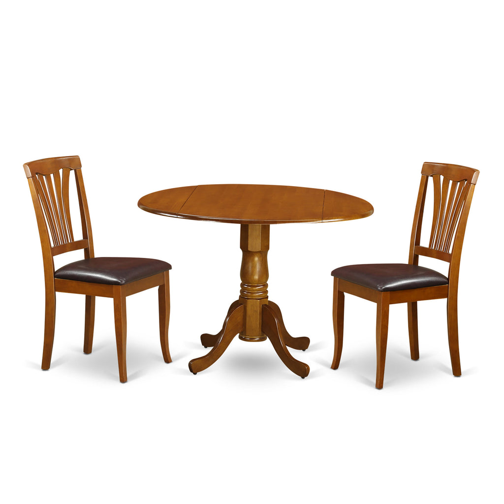 DLAV3-5T5-UN Trio Dining Ensemble with Saddle Brown Dropleaf Table and Two Faux Leather Chairs