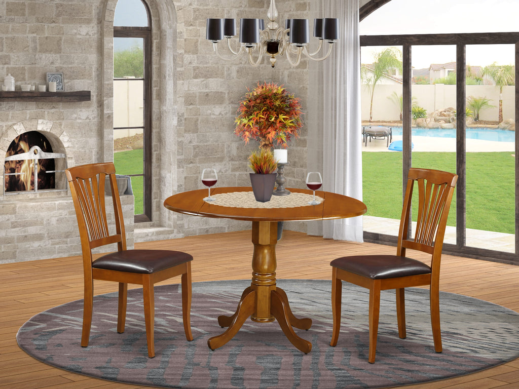 DLAV3-5T5-UN Trio Dining Ensemble with Saddle Brown Dropleaf Table and Two Faux Leather Chairs