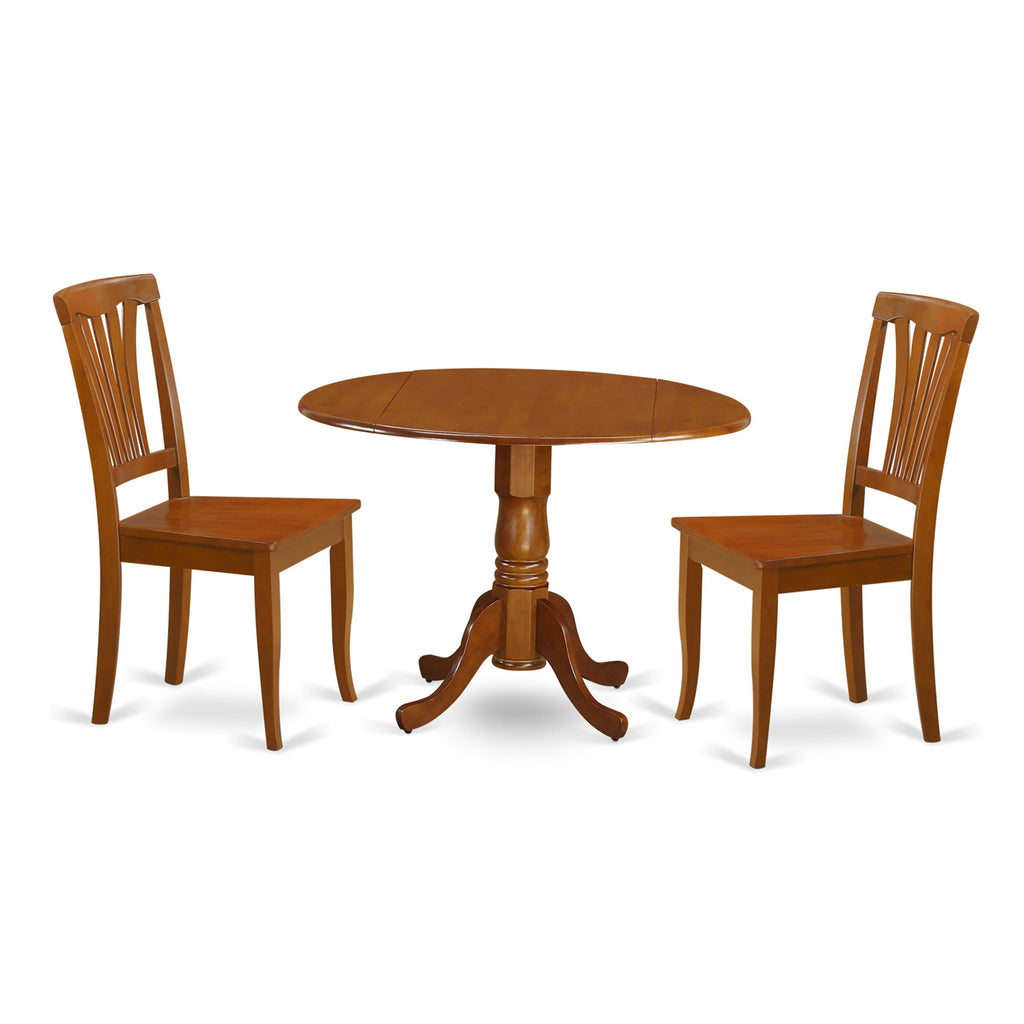 3 Piece Table Set with Round Dropleaf Dining Table and Wood Seat Chairs DLAV3-40G-T for Compact Spaces, 42-Inch, Warm Saddle Brown Finish