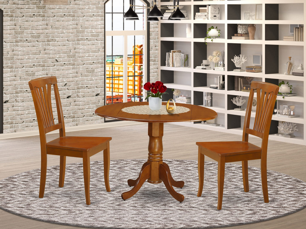 3 Piece Table Set with Round Dropleaf Dining Table and Wood Seat Chairs DLAV3-40G-T for Compact Spaces, 42-Inch, Warm Saddle Brown Finish