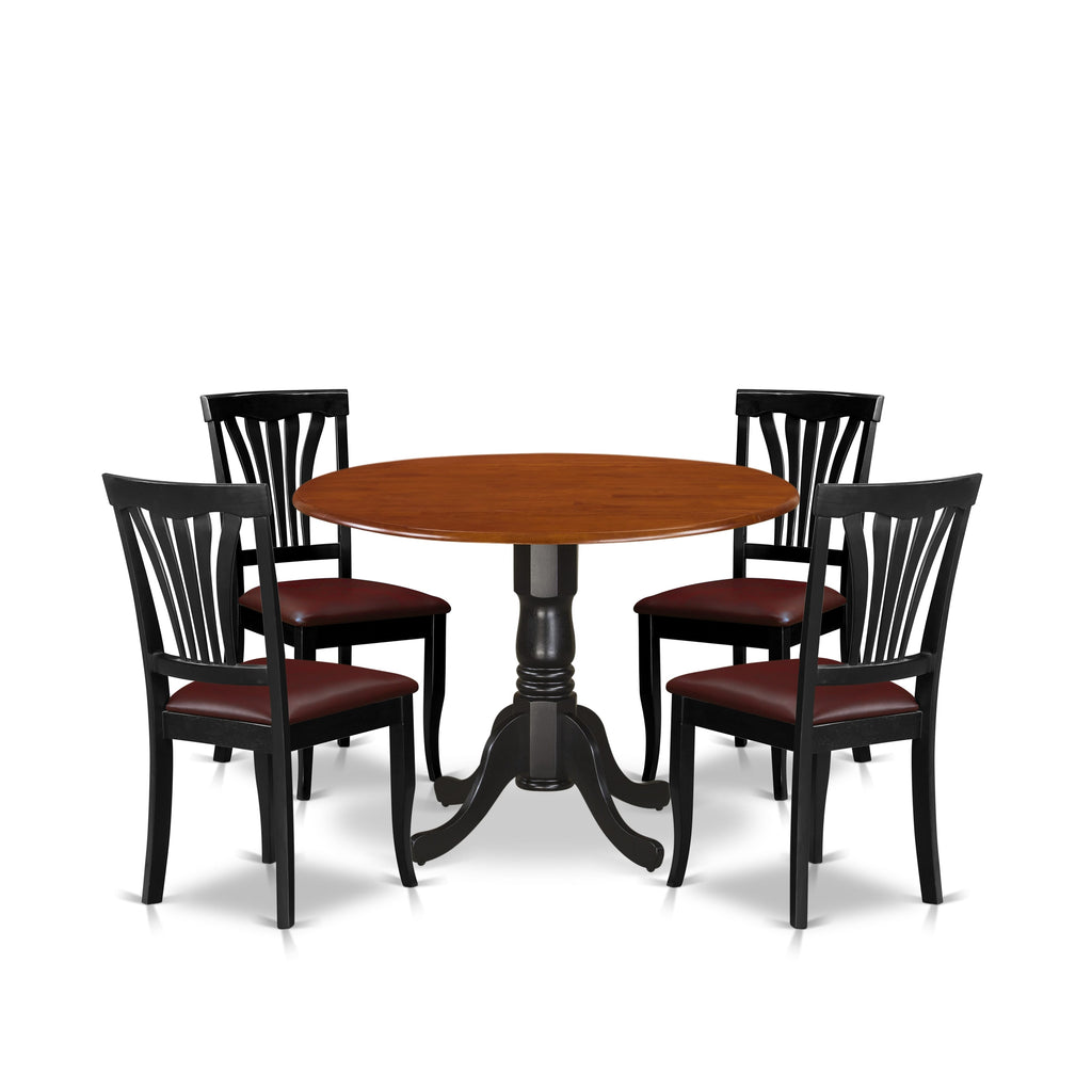DLAV5-6LY-OD 5-Piece Dining Set with Round Drop Leaf Table & Faux Leather Chairs, Black & Cherry