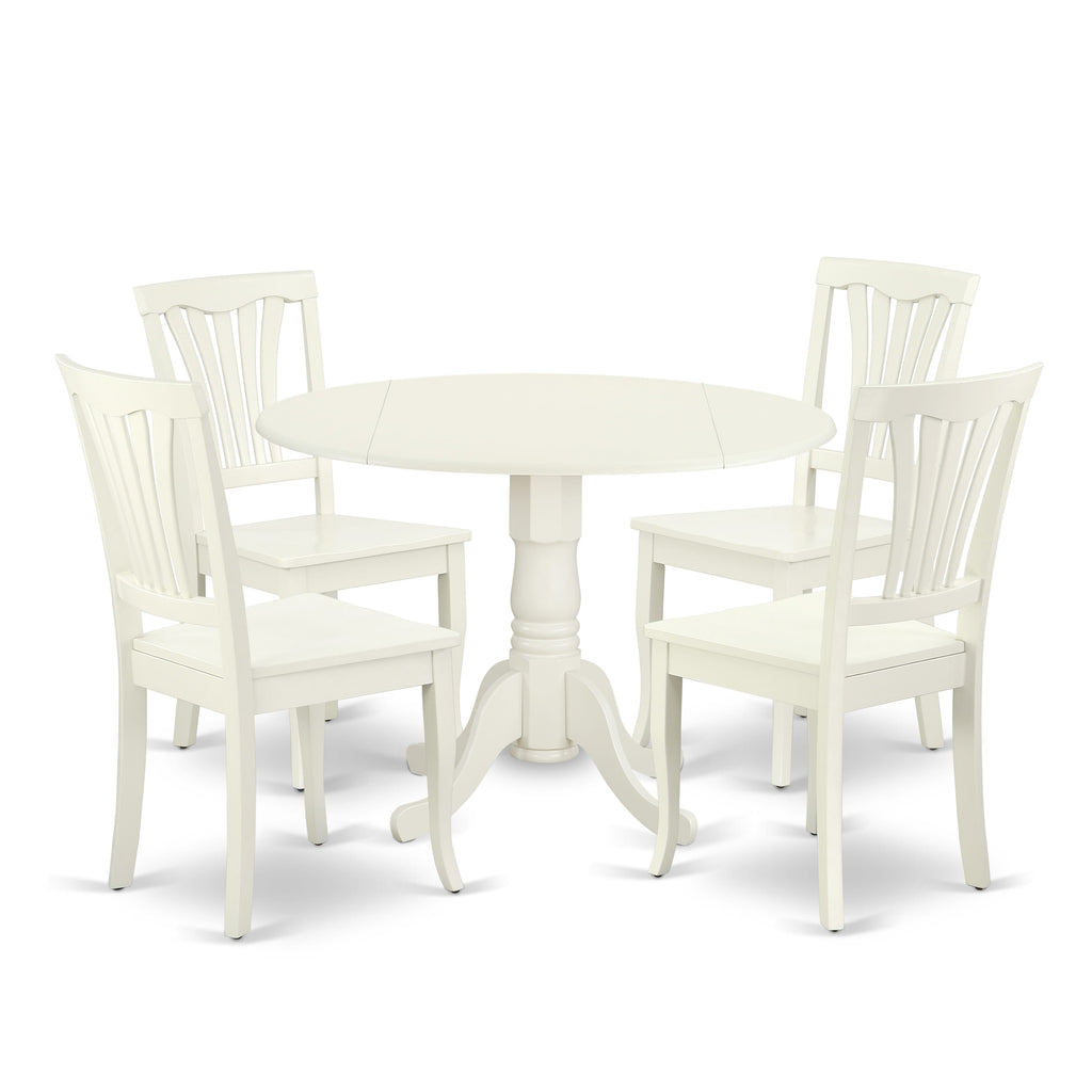 DLAV5-9O9-0 5-Piece Dining Set Round Folding Table with Wood Chairs, Linen White Finish, 42-Inch
