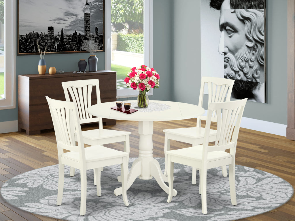 DLAV5-9O9-0 5-Piece Dining Set Round Folding Table with Wood Chairs, Linen White Finish, 42-Inch