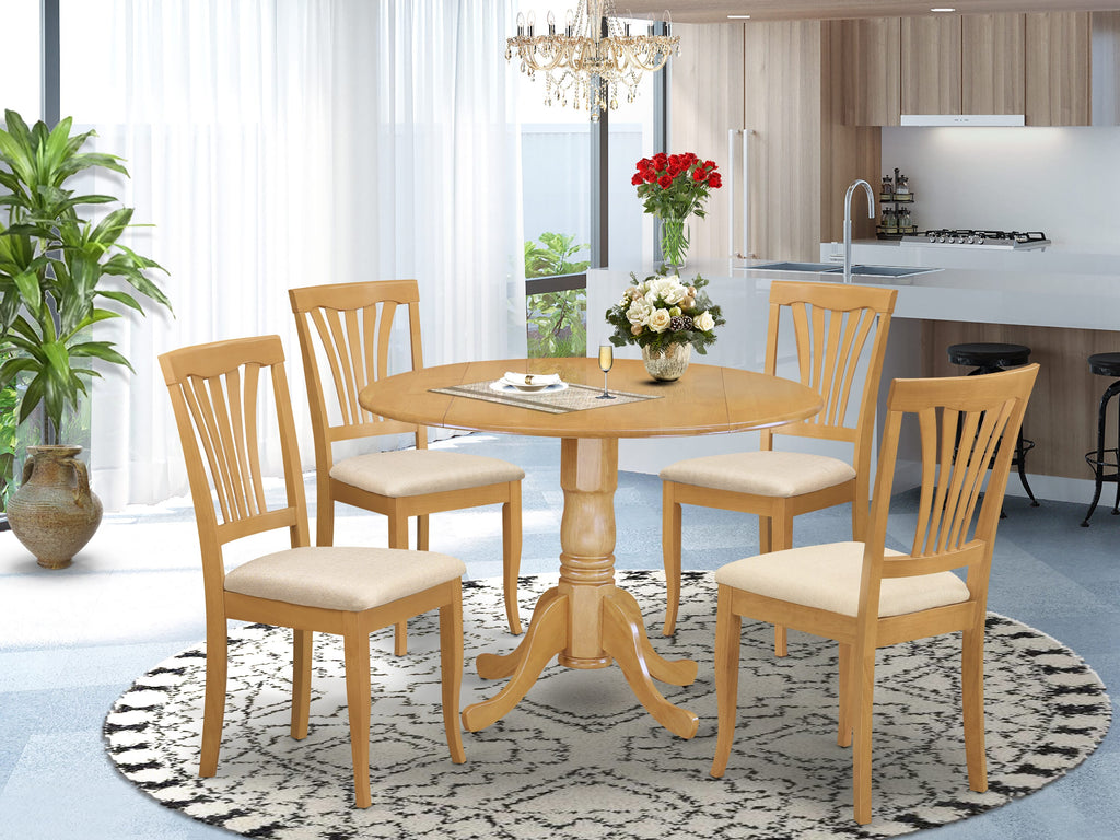 DLAV5-5T5-8 Elegant 5-Piece Dining Set with Dropleaf Table and Fabric Chairs, 42x42 Inch, Oak Finish