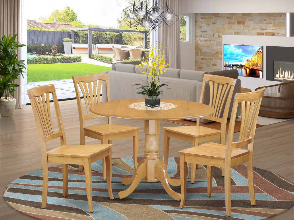 DLAV5-UIZ-5 Versatile Oak Dining Set Round Dropleaf Table & 4 Chairs - 5 Piece 42-Inch Collection