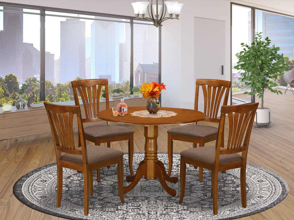 DLAV5-2ND-U 5-Piece Dining Room Ensemble - Table with Drop Leaf & 4 Linen Chairs, 42 Saddle Brown