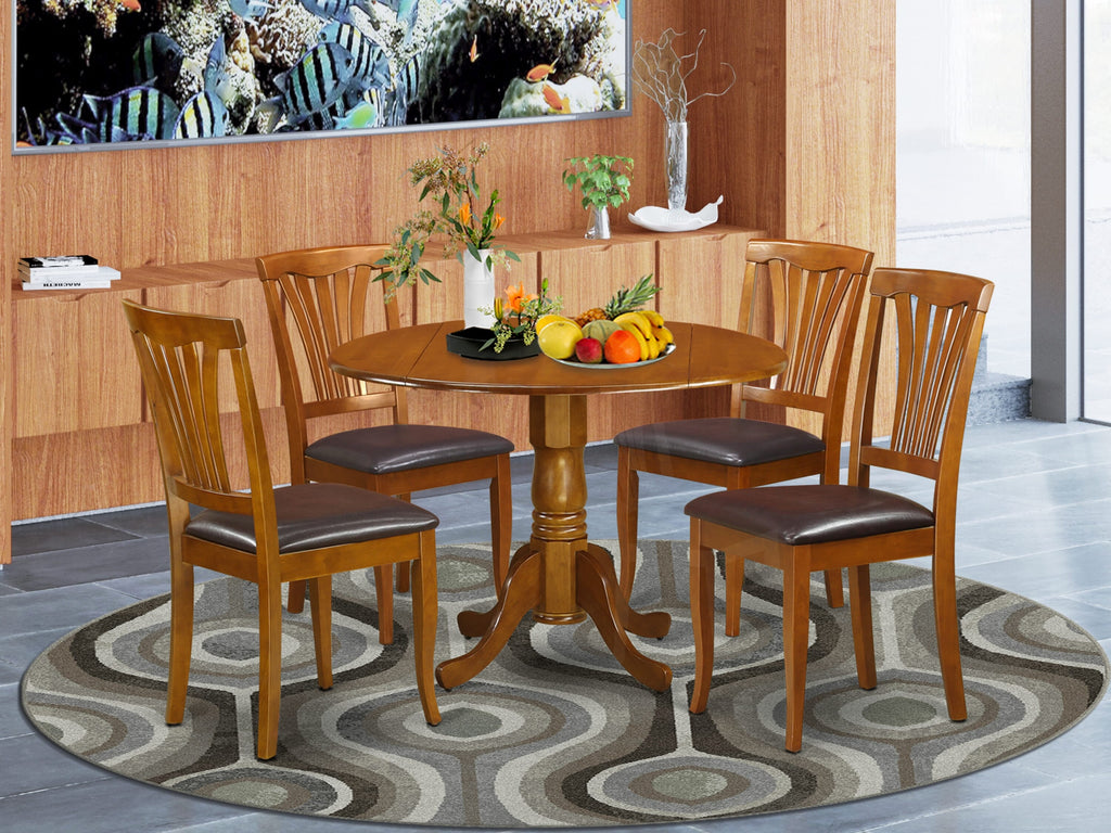 DLAV5-VHX-RD Five-Piece Saddle Brown Dining Set with Round Drop Leaf Table and Upholstered Chairs