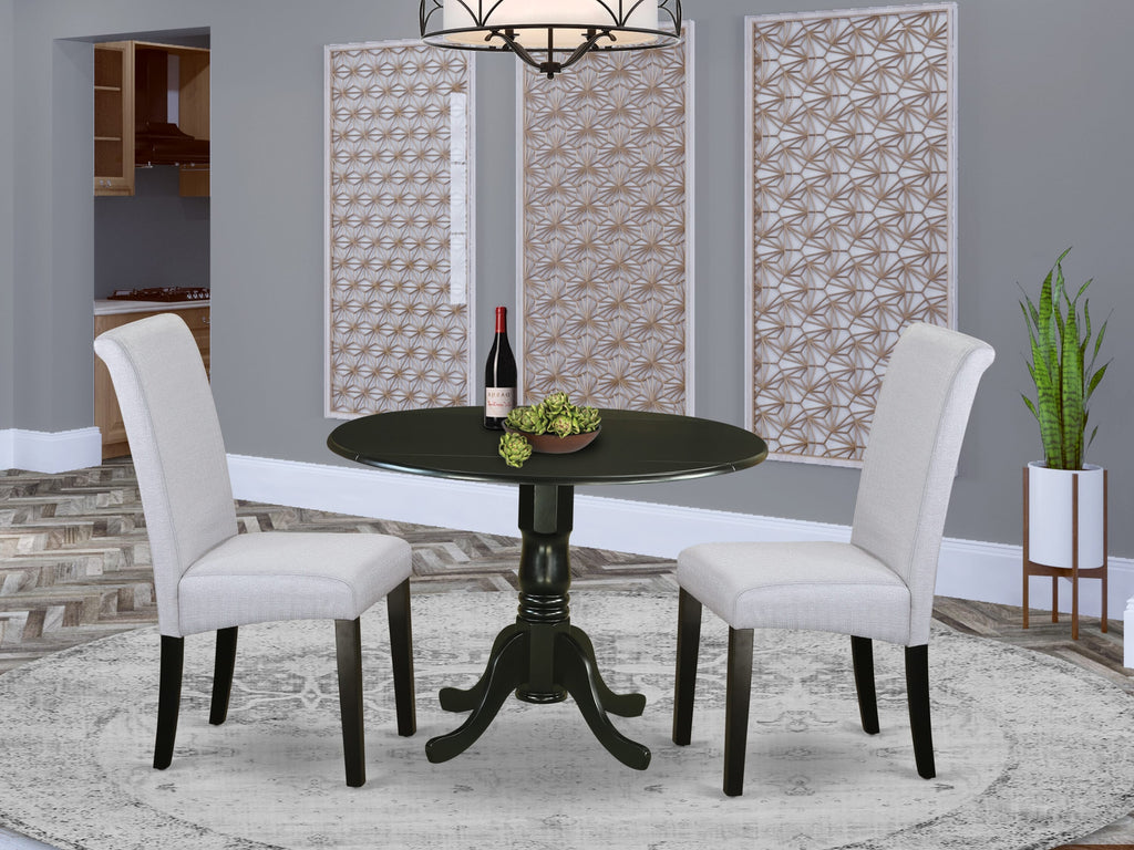 DLBA3-43G-NZ 3 Piece Set Round Kitchen Table with Dropleaf & 2 Grey Upholstered Parsons Chairs, 42-Inch Diameter, Elegant Black Finish