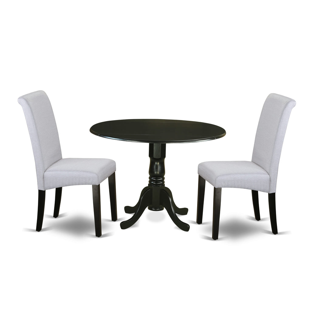 DLBA3-43G-NZ 3 Piece Set Round Kitchen Table with Dropleaf & 2 Grey Upholstered Parsons Chairs, 42-Inch Diameter, Elegant Black Finish