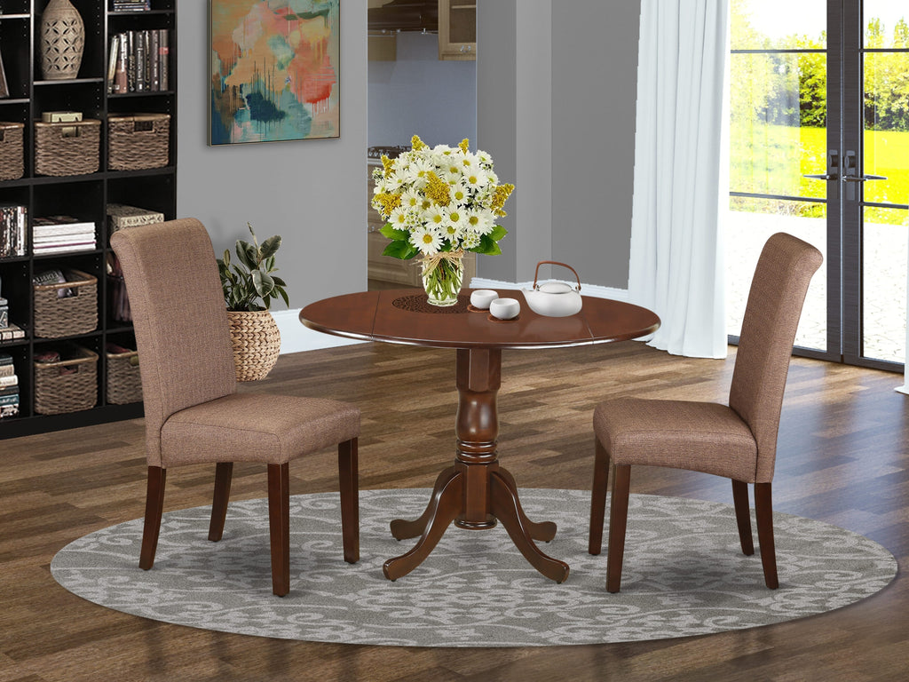DLBA3-JB0-0H 3 Pc Contemporary Dining Ensemble with Dropleaf Round Table & 2 Stately Brown Chairs, 42x42 in, Rich Mahogany Finish