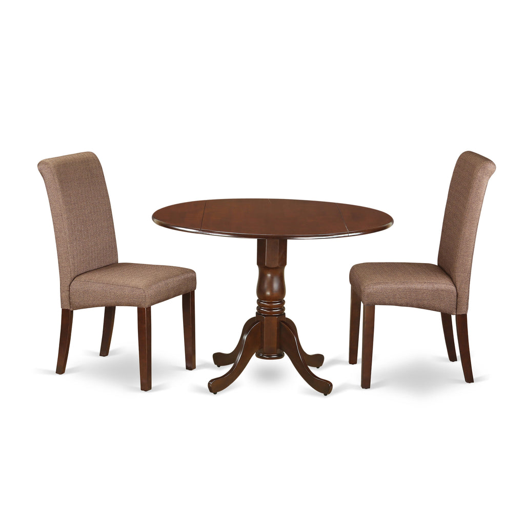DLBA3-JB0-0H 3 Pc Contemporary Dining Ensemble with Dropleaf Round Table & 2 Stately Brown Chairs, 42x42 in, Rich Mahogany Finish