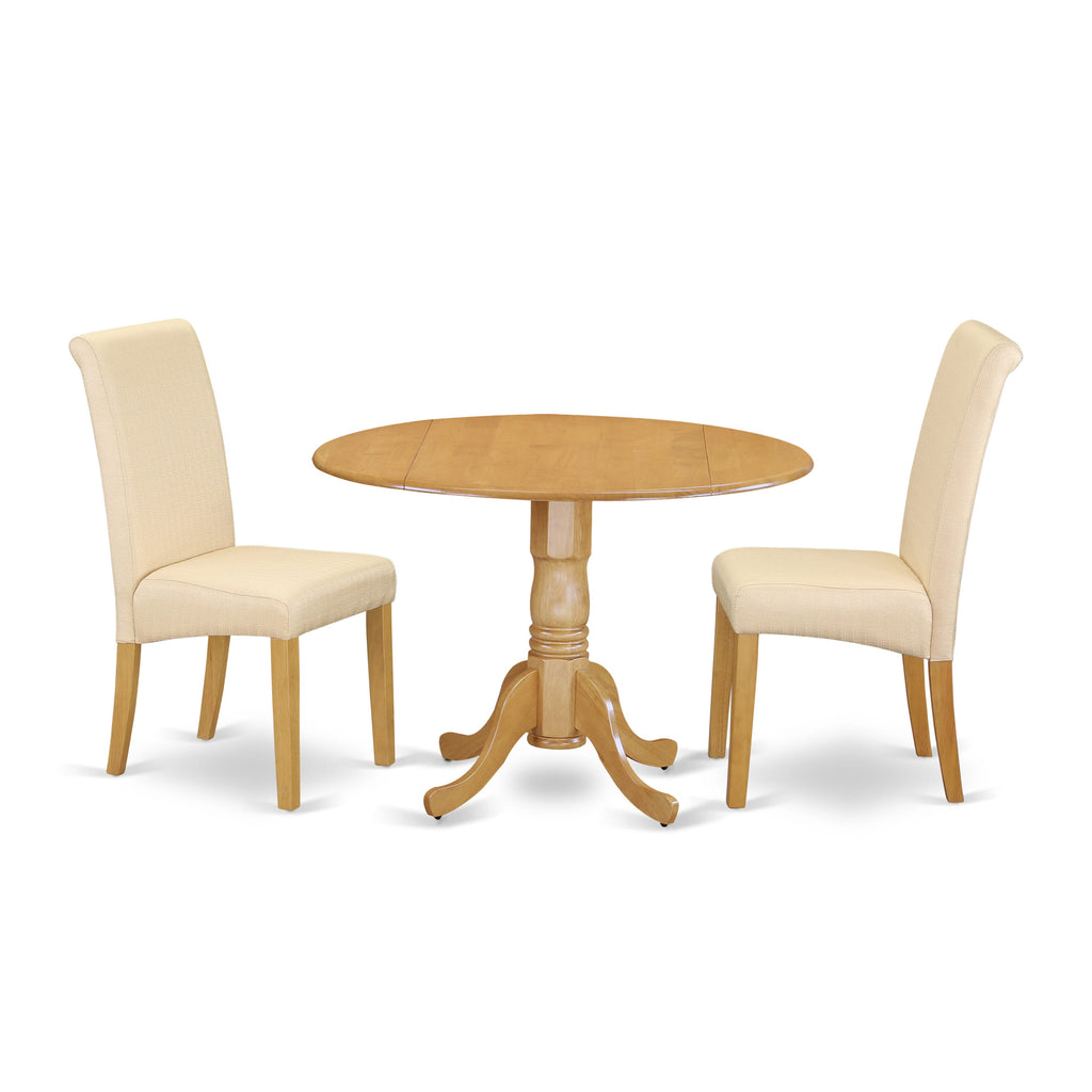DLBA3-BZG-XC 3-Piece Set Dropleaf Round Table with Linen Upholstered Chairs, Light Beige Finish, 42x42