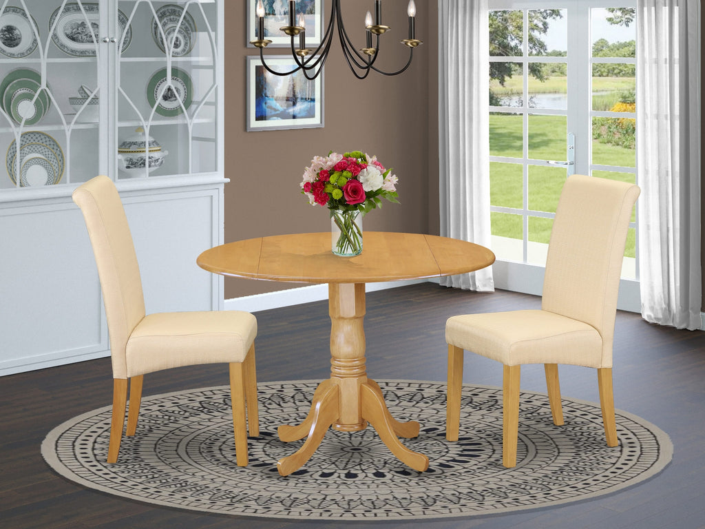 DLBA3-BZG-XC 3-Piece Set Dropleaf Round Table with Linen Upholstered Chairs, Light Beige Finish, 42x42